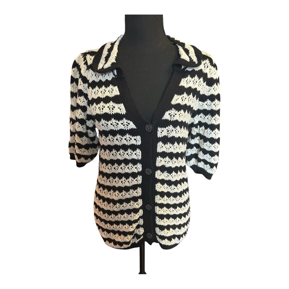 Maeve by Anthropologie Black White Striped Button Down Open Knit Sweater Sz Med